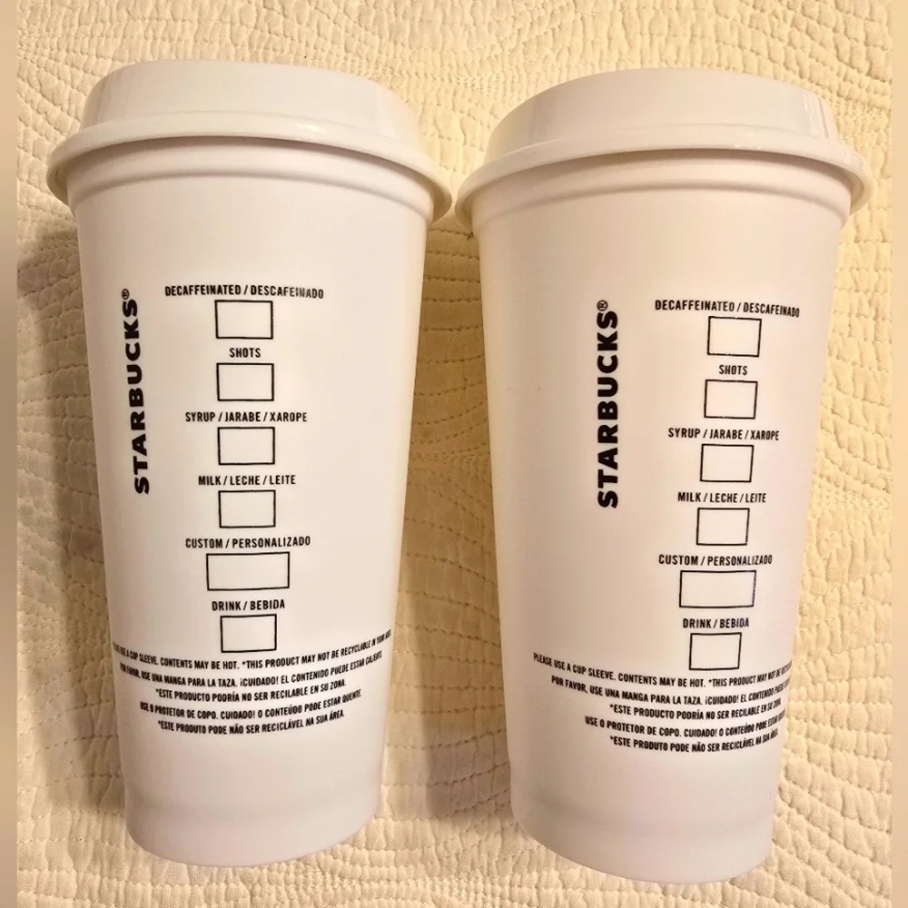 NWOT Starbucks White Reusable Coffee Cups With Sippy Lids